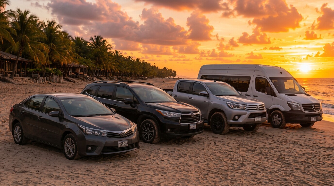 Fleet of vehicles for car rental coordination in El Salvador, including sedan, SUV, pickup truck and van on a tropical beach