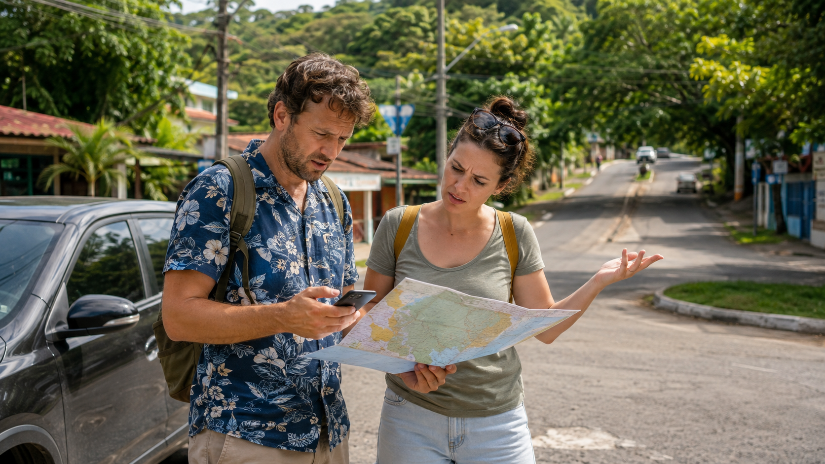 A traveling couple standing beside their vehicle on a roadside in El Salvador, looking at a paper map and a smartphone while trying to decide where to go next
