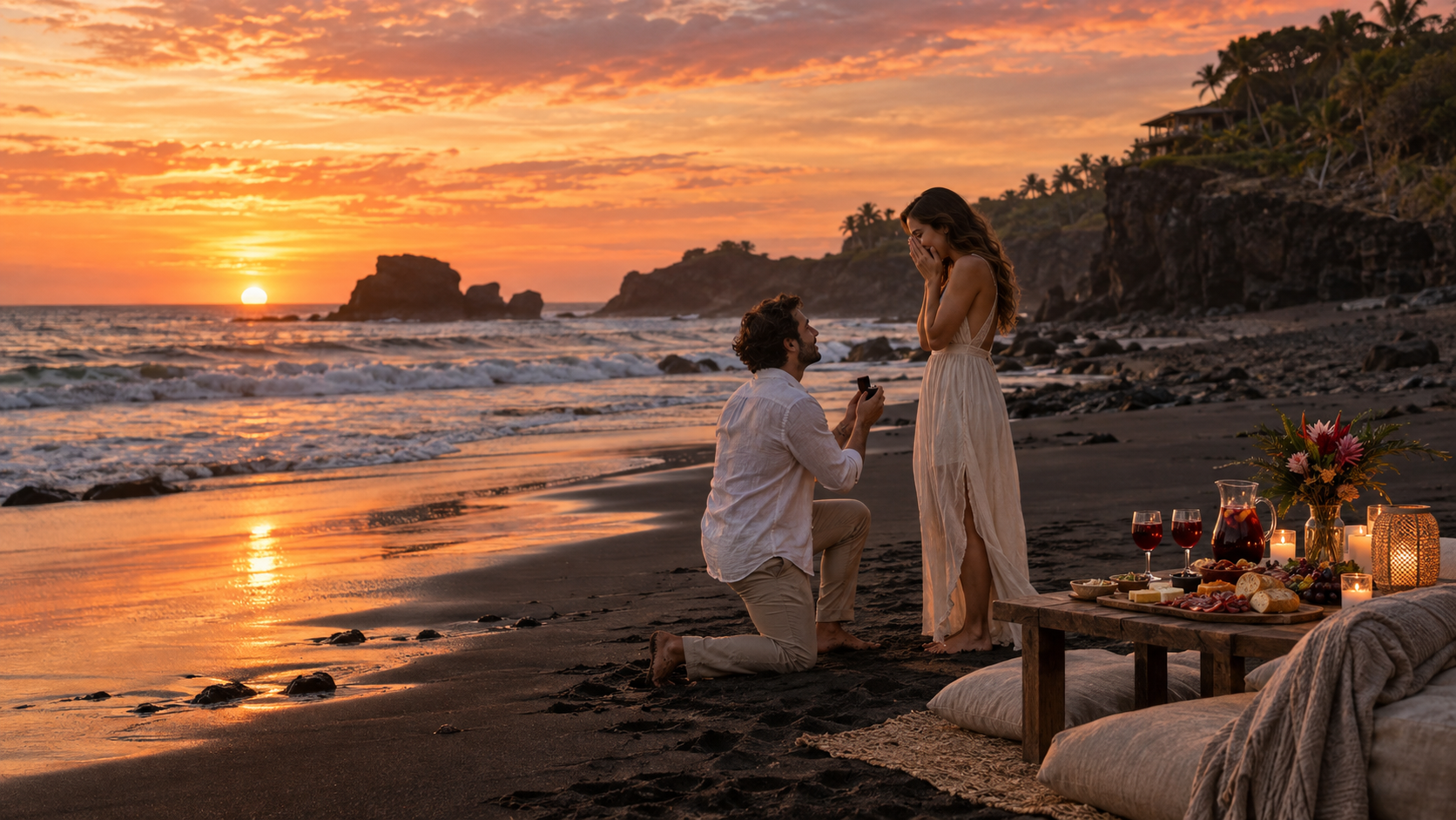 Private marriage proposal with sangria and charcuterie on a black-sand beach in El Salvador