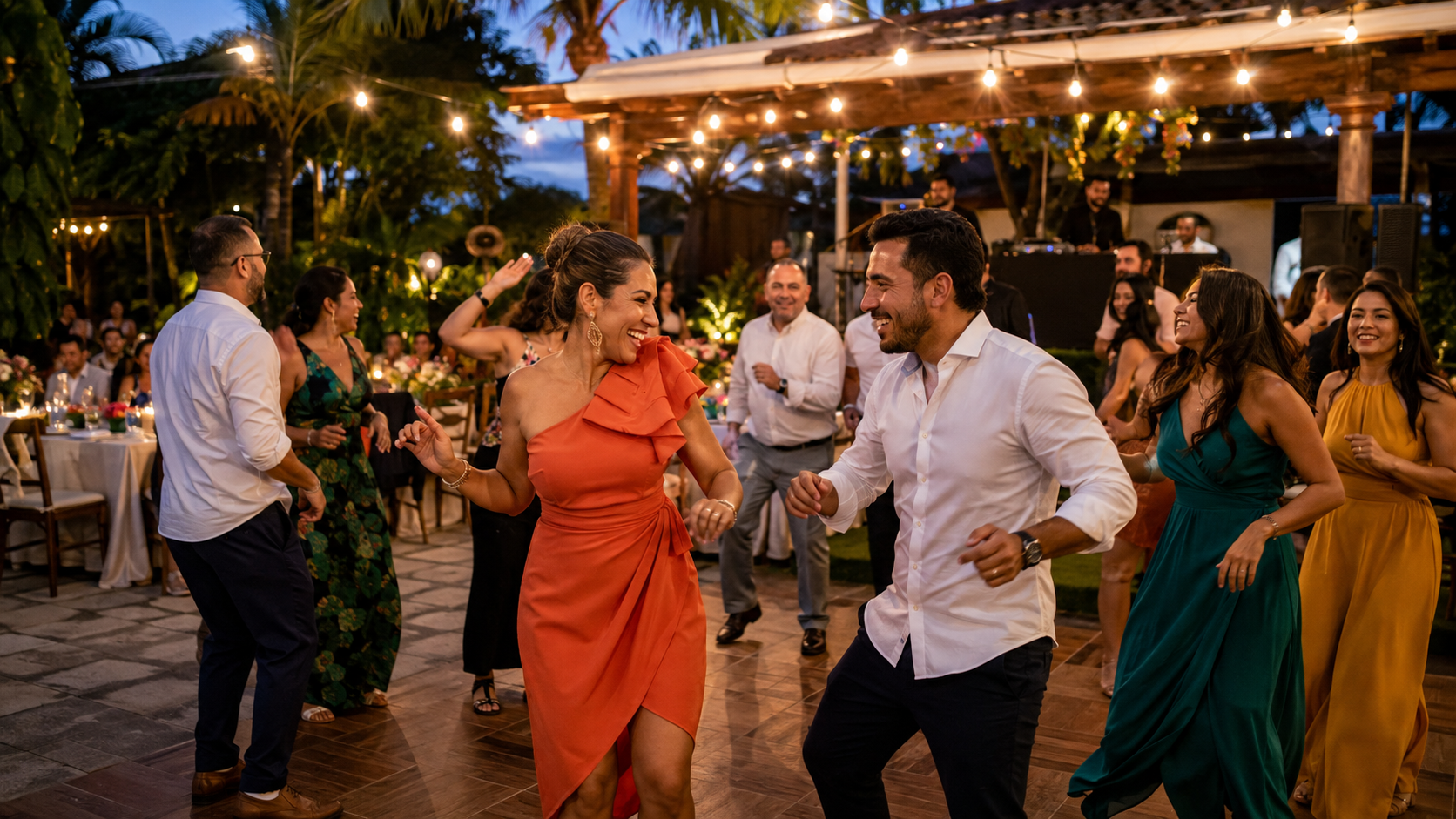 Guests dancing and celebrating together at a private evening event in El Salvador