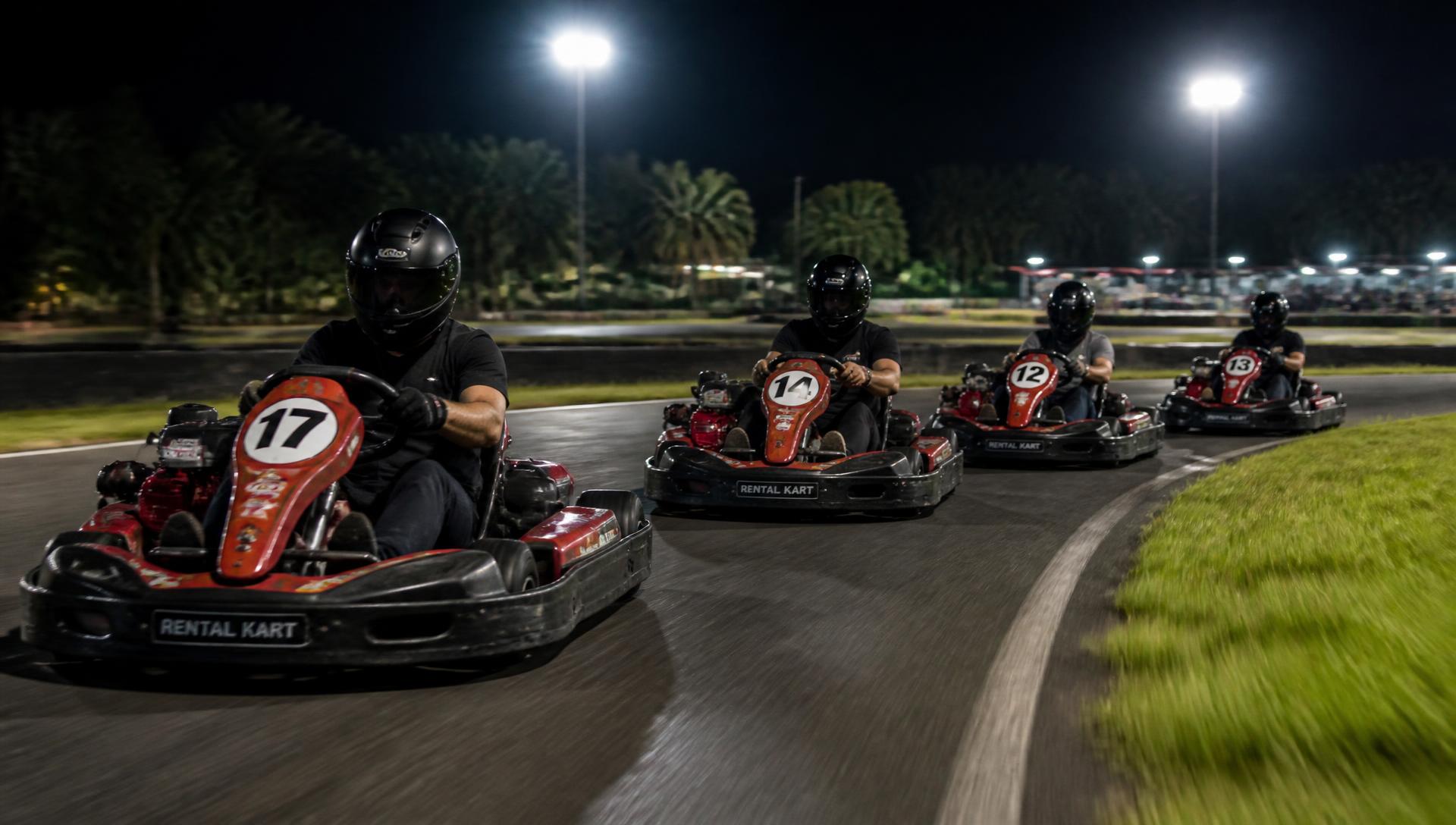 Drivers racing go-karts at night under the lights of El Jabalí in El Salvador.