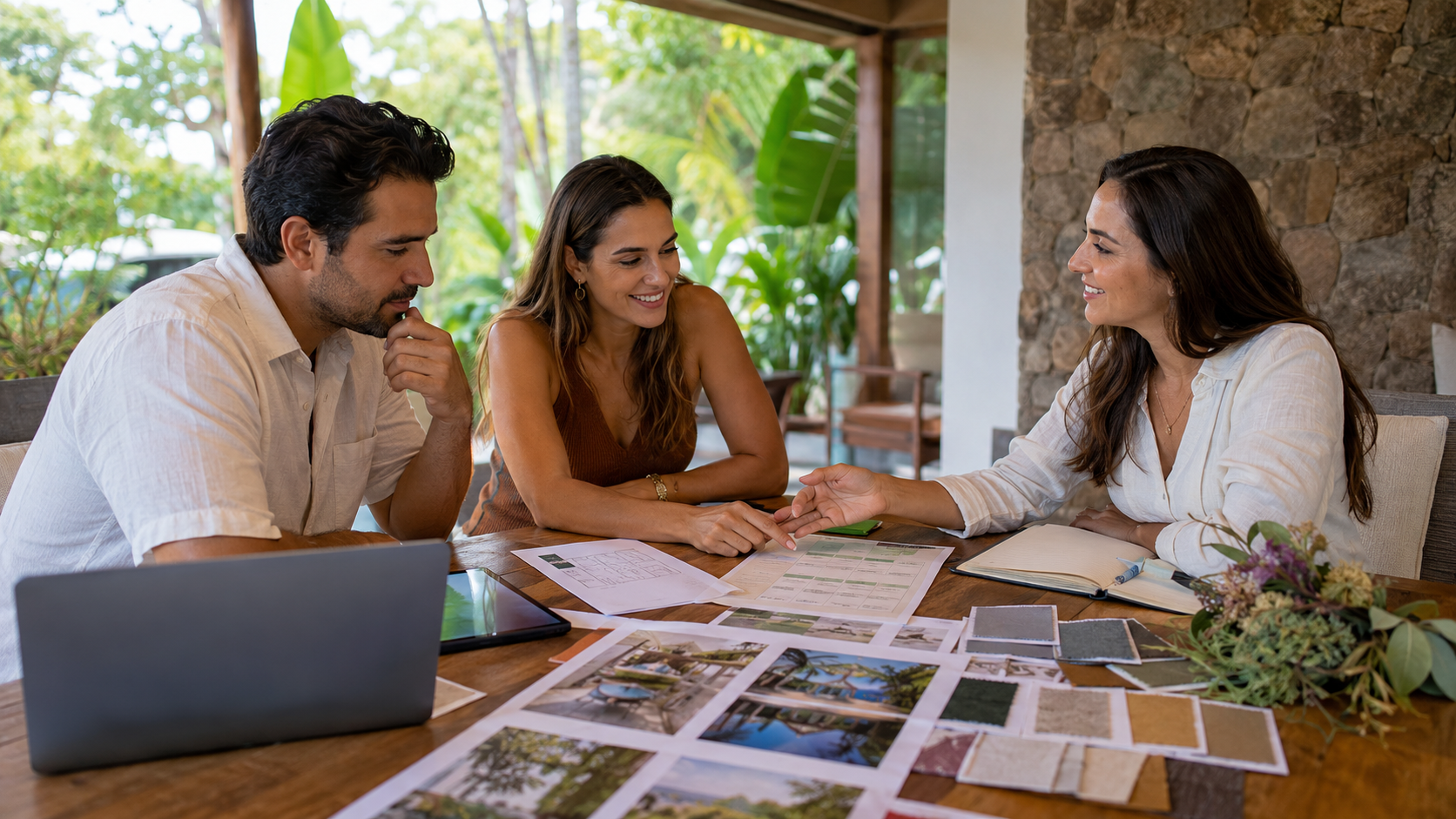 Couple planning an event in El Salvador with a professional event planner at an outdoor table with photos, samples and a notebook