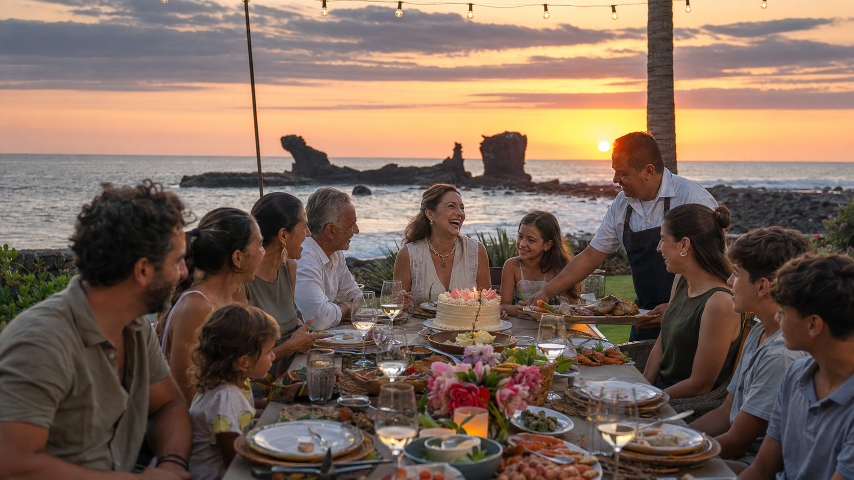 A three-generation family celebrating a 60th birthday around a long dinner table at a private oceanfront property in El Tunco, El Salvador, with the Pacific sunset and El Tunco rock behind them
