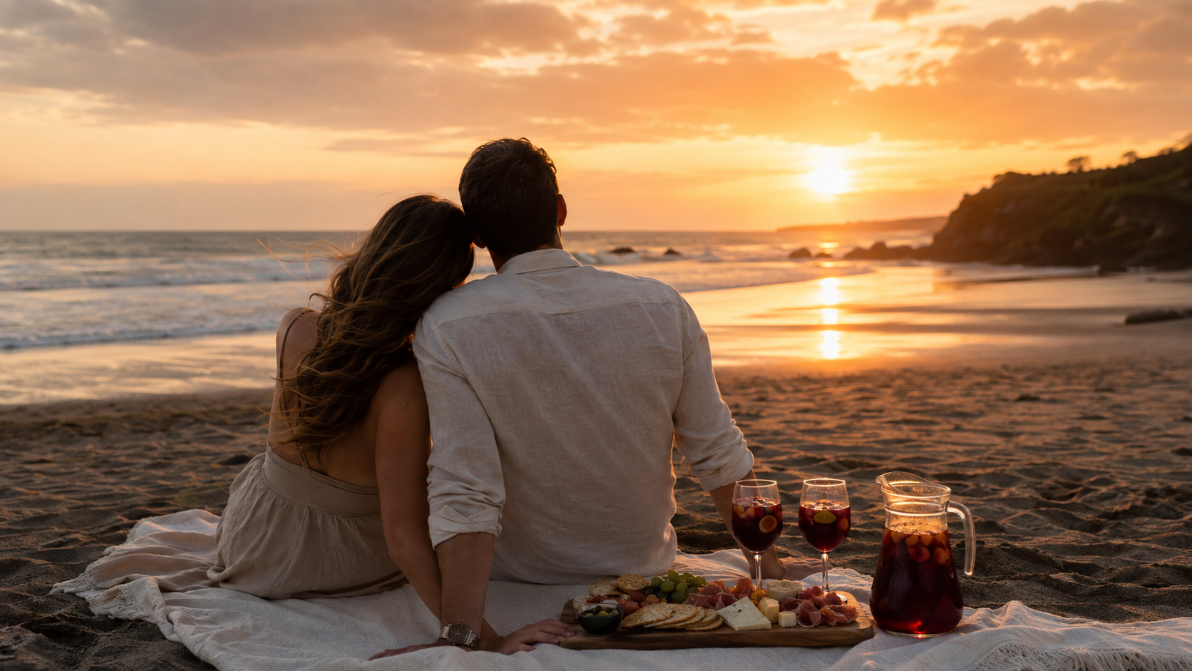 A couple sitting closely on a blanket during a private sunset picnic on a Pacific beach in El Salvador, with Sangría De la Casa, wine glasses and a charcuterie board of cheeses and cured meats