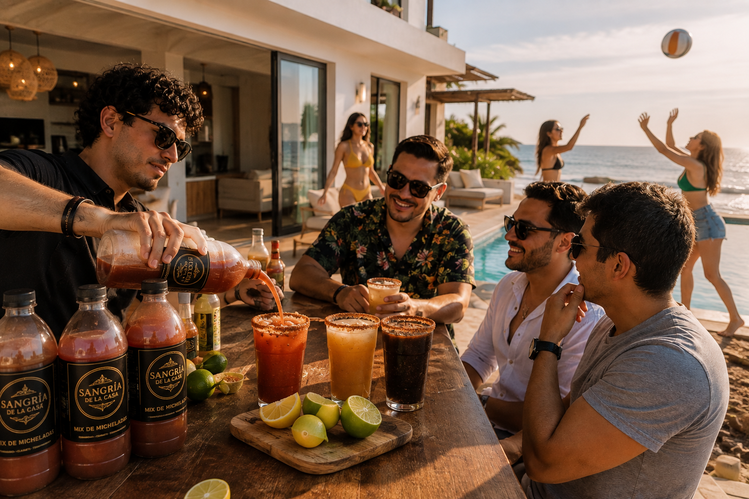 Friends enjoying Sangría de la Casa Michelada Mix at a private beach house in El Salvador.