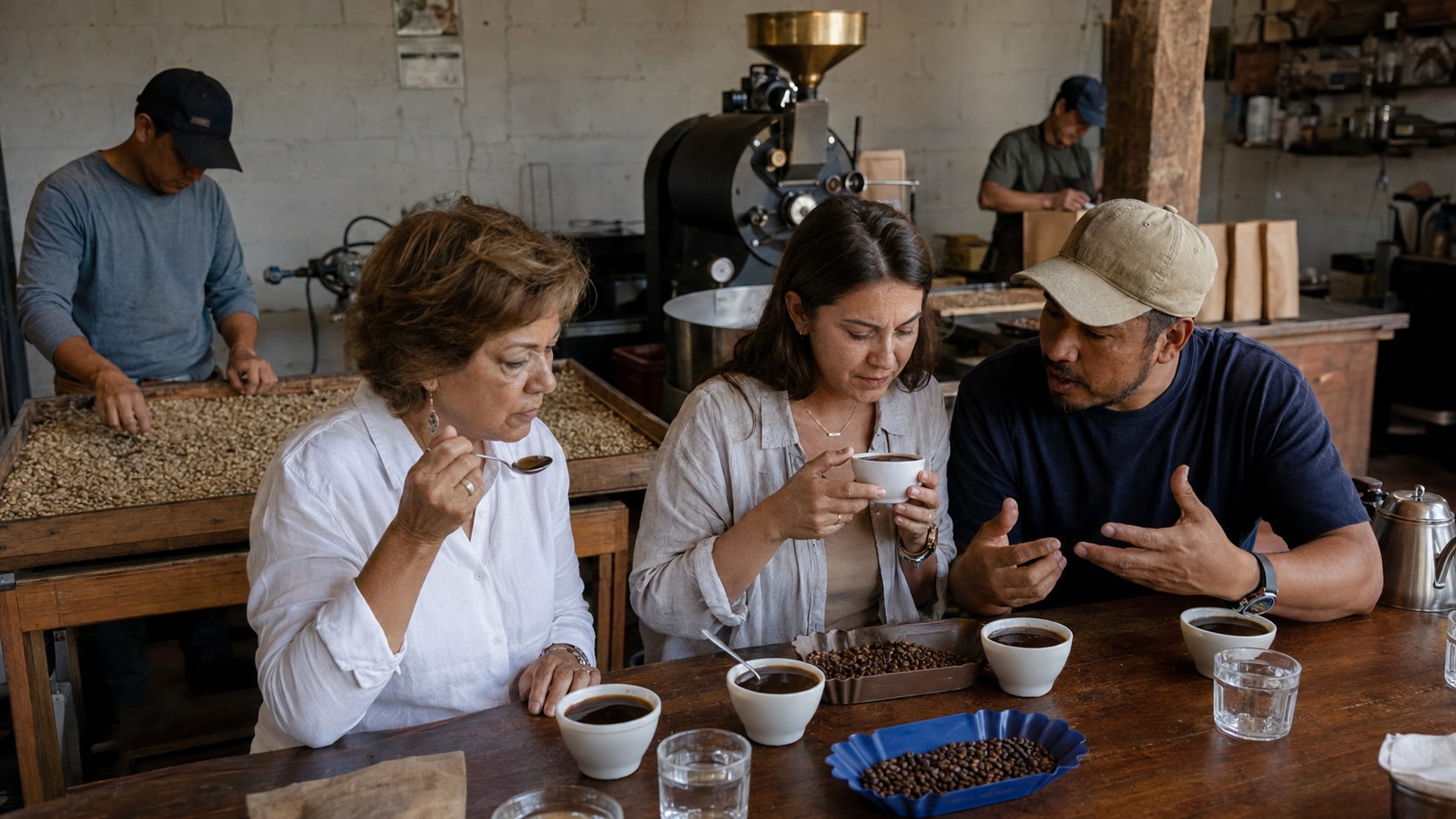 A mother and her adult daughter taste freshly brewed Salvadoran coffee with a local roaster during a guided coffee cupping at a small roastery in El Salvador