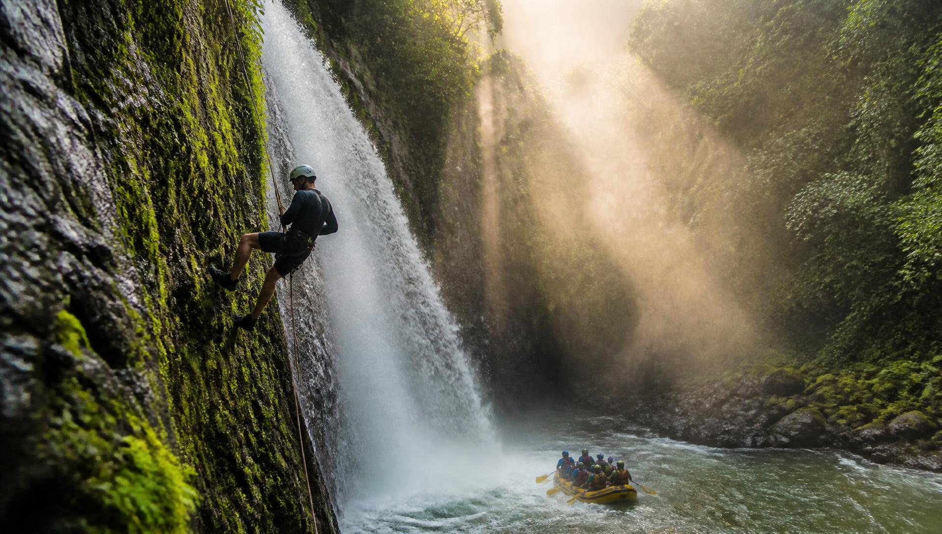 Adventurers rappelling beside a tropical waterfall while a rafting group navigates a river in El Salvador.