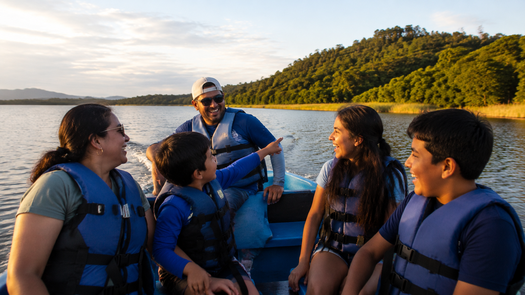 A family of five laughing together during a private boat ride on a calm green lagoon in El Salvador at golden hour, everyone wearing life jackets