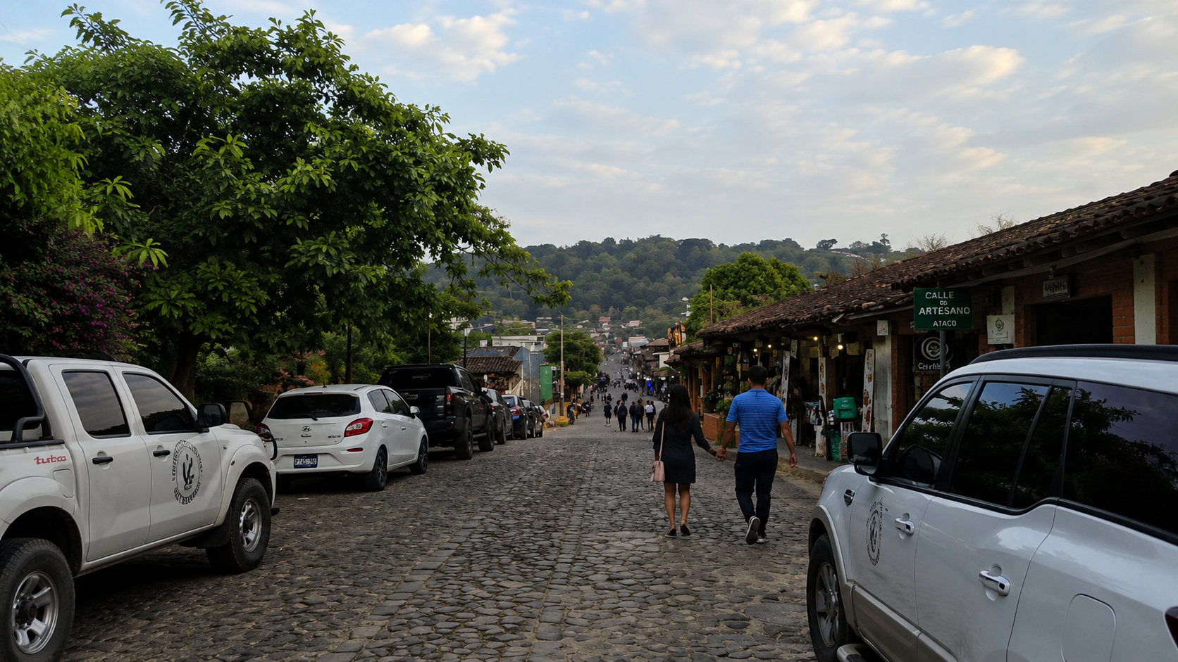 A quiet cobblestone street in Concepción de Ataco, El Salvador, seen while traveling through the town