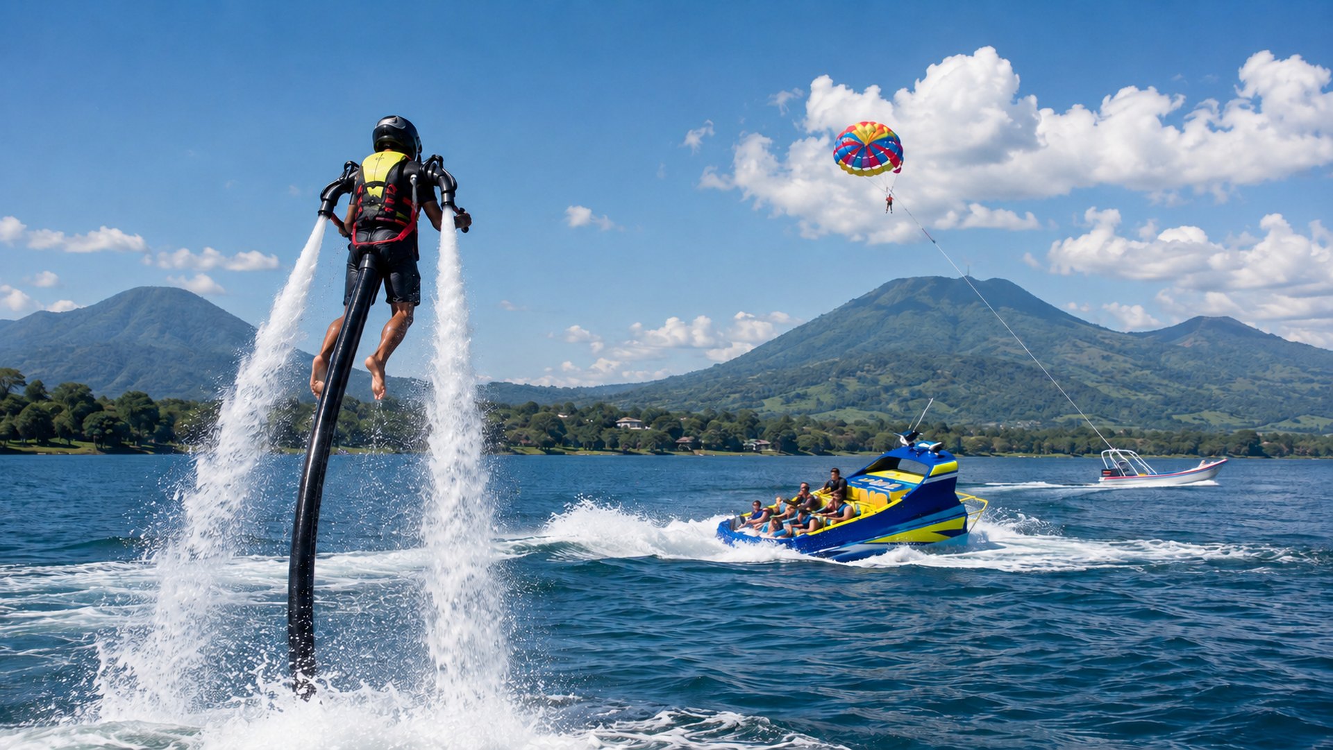Water jetpack, parasailing and an aquatic thrill ride on a volcanic lake in El Salvador.