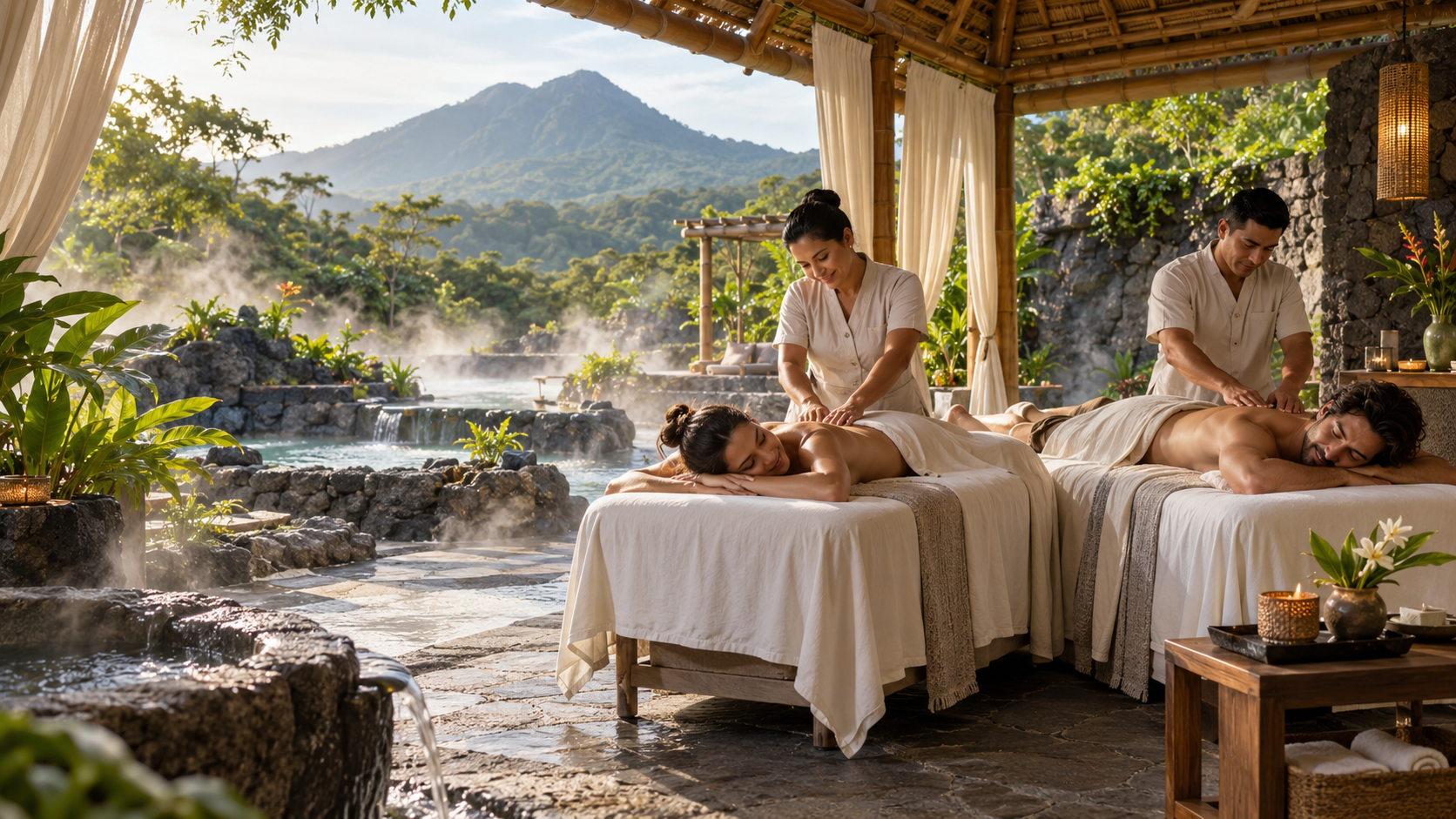 Couple receiving side-by-side massages beside volcanic hot springs in El Salvador