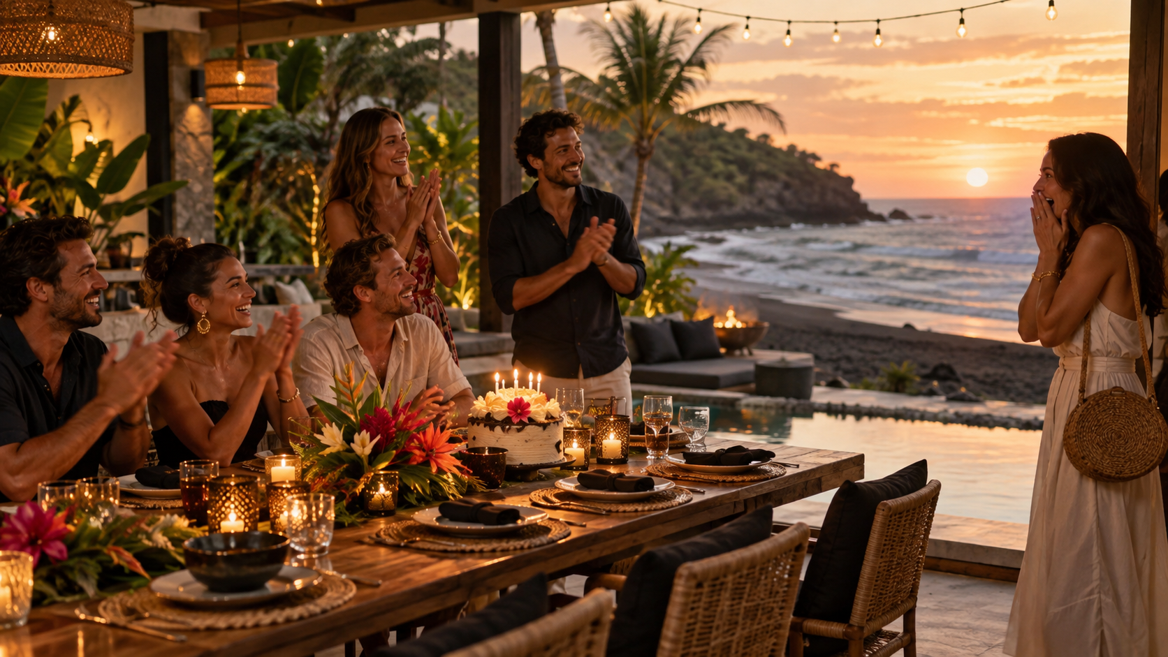 Friends surprising a birthday guest at a private oceanfront celebration in El Salvador