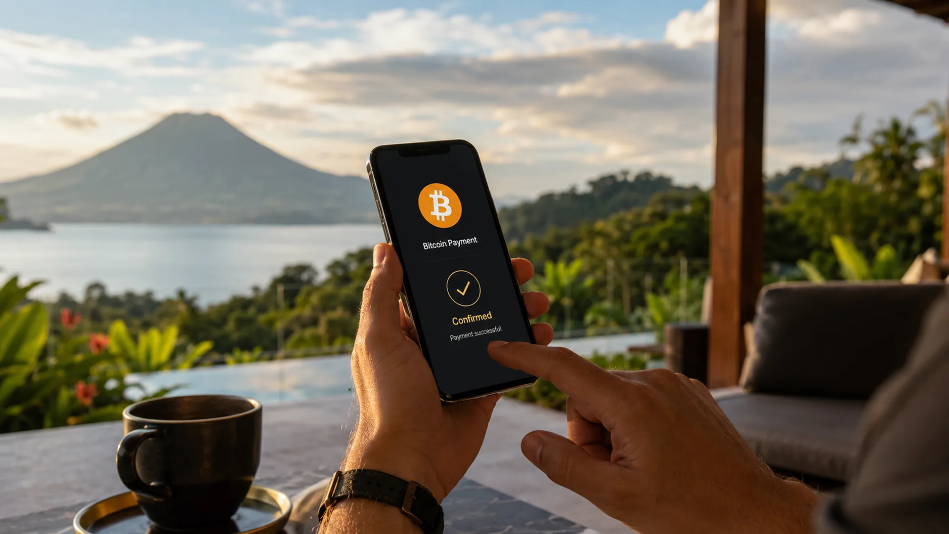 Traveler confirming a Bitcoin payment for a private tour in El Salvador.