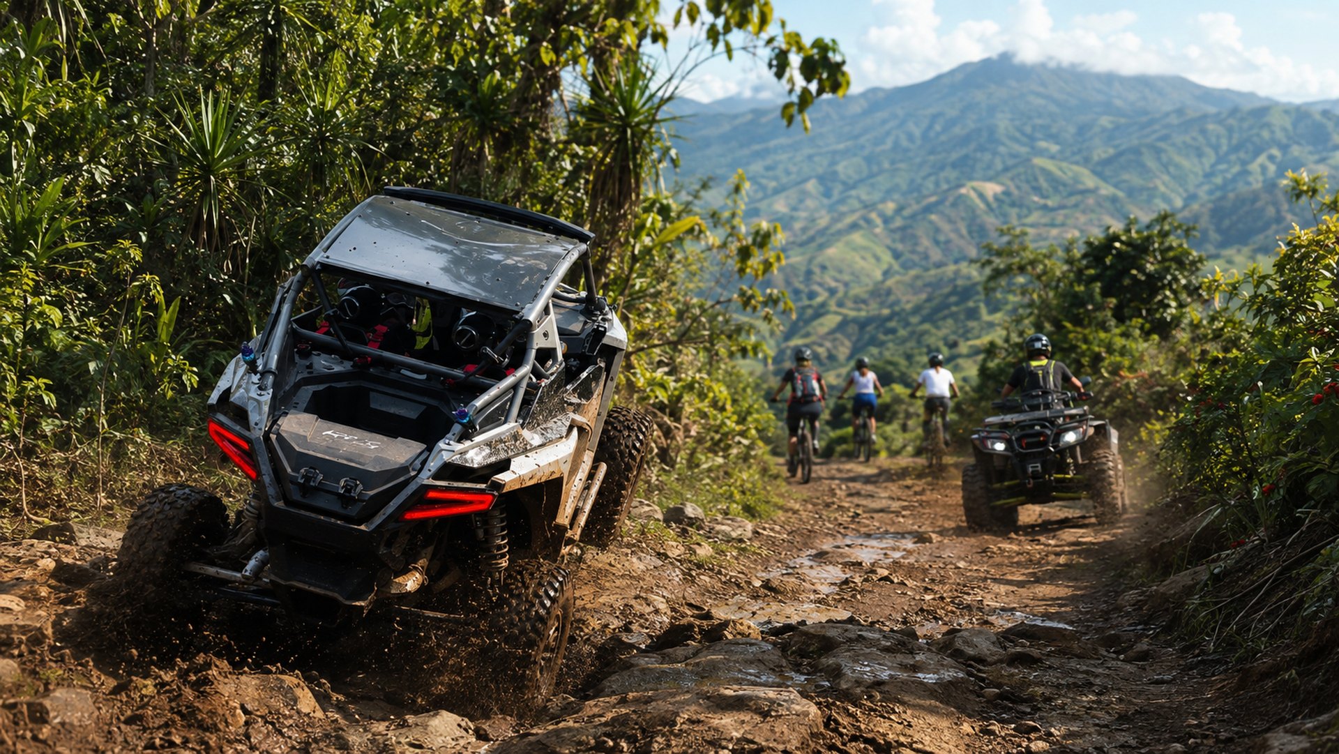 UTV, ATV and electric mountain bikes exploring a mountain trail in El Salvador.
