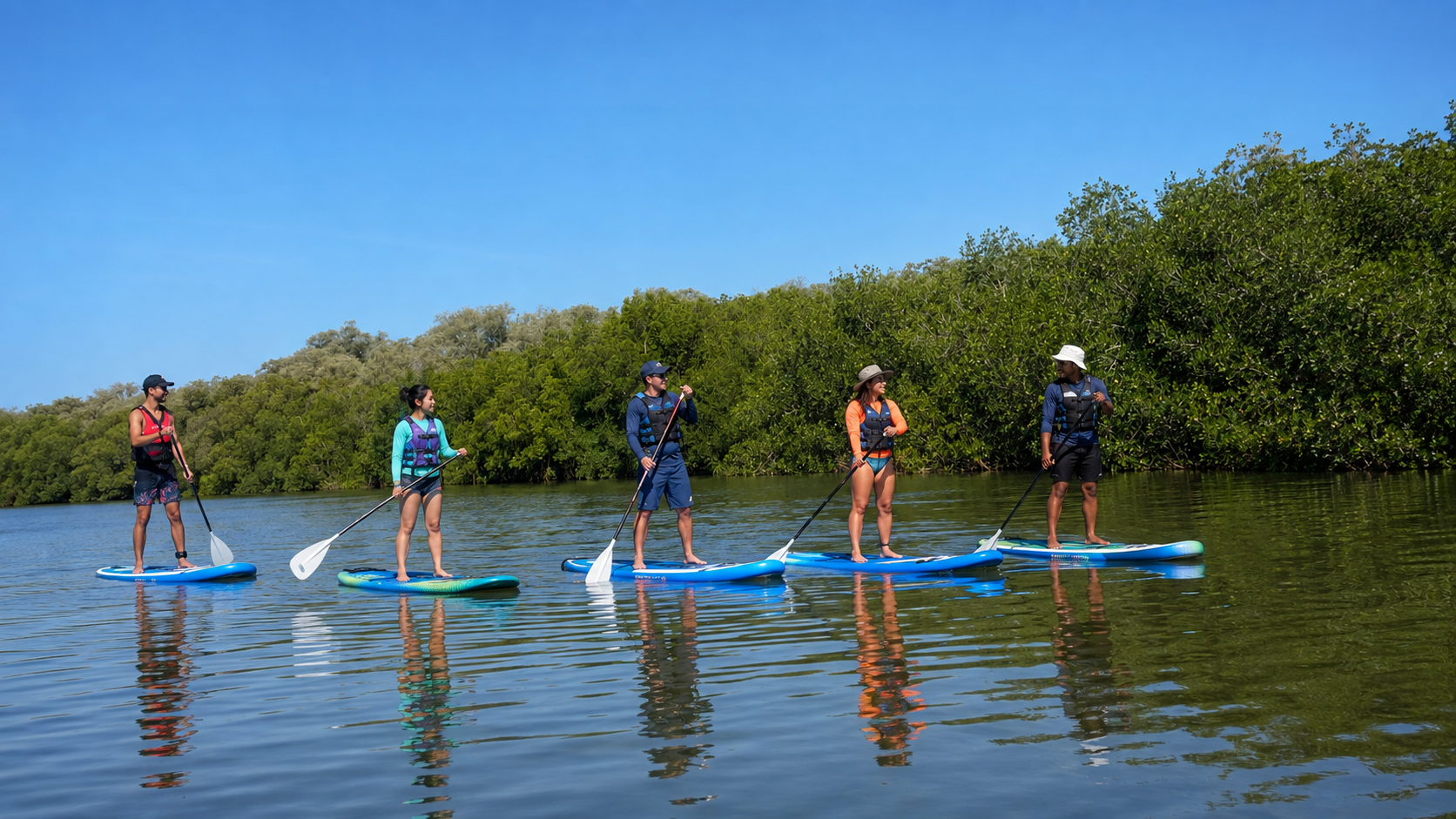 A small group paddleboarding on calm water beside green mangroves in El Salvador
