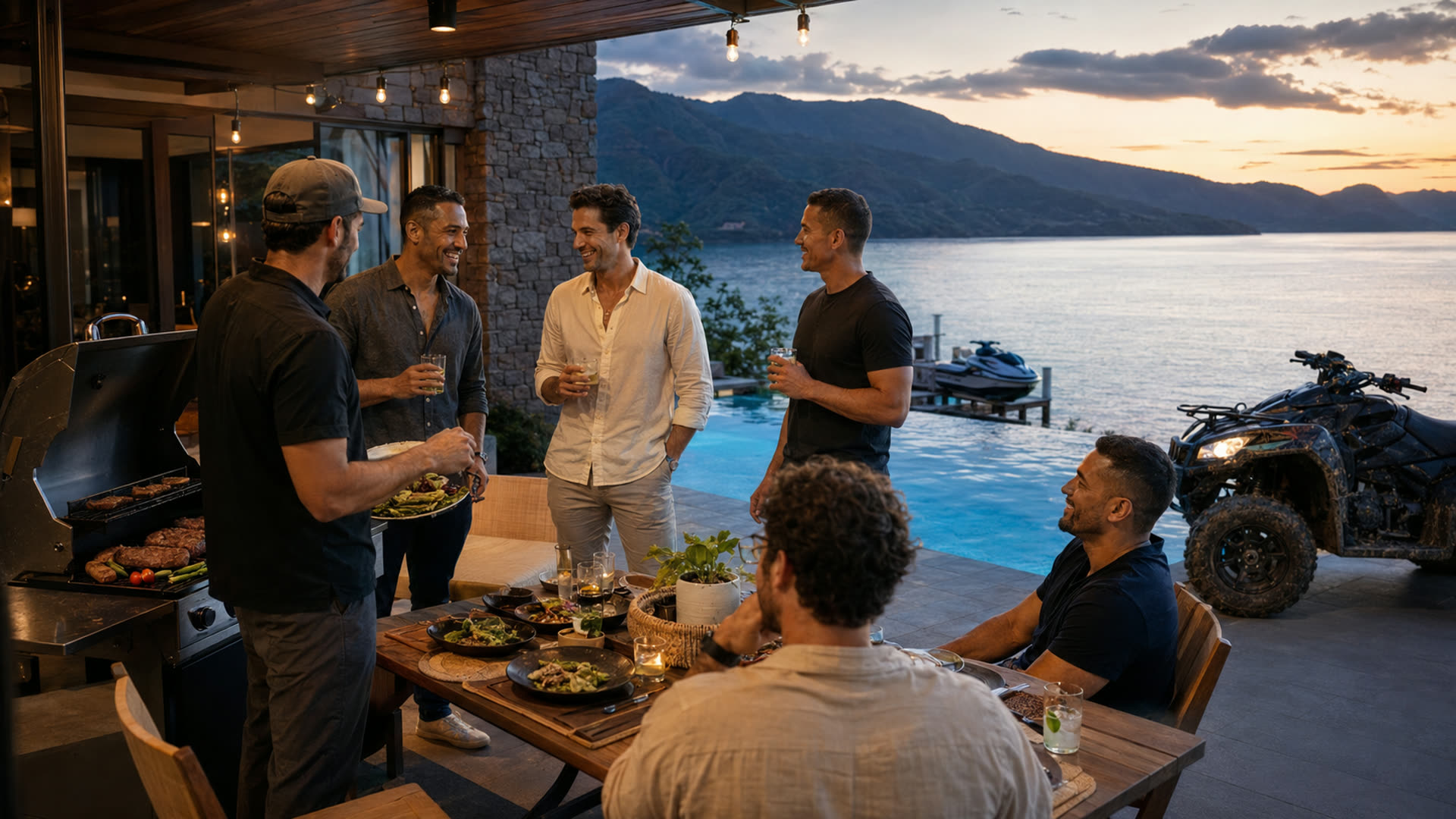 Groom and friends enjoying a private bachelor celebration overlooking Lake Coatepeque in El Salvador
