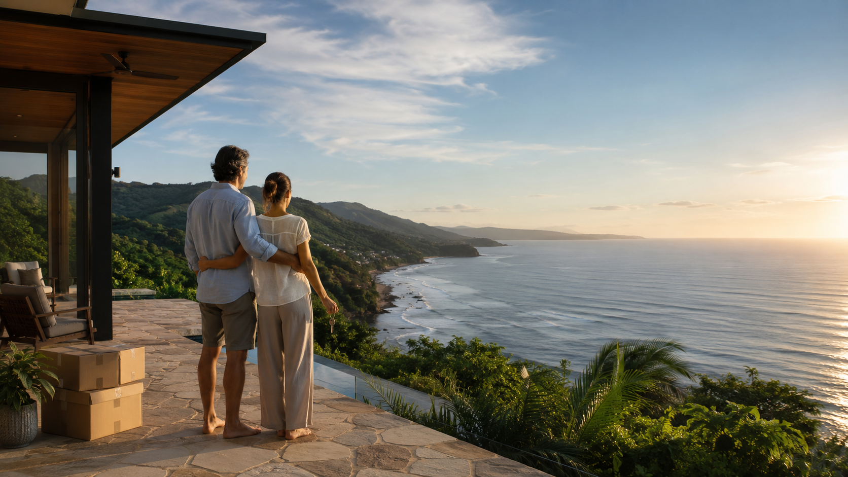 Couple arriving at their new coastal home overlooking the Pacific Ocean in El Salvador