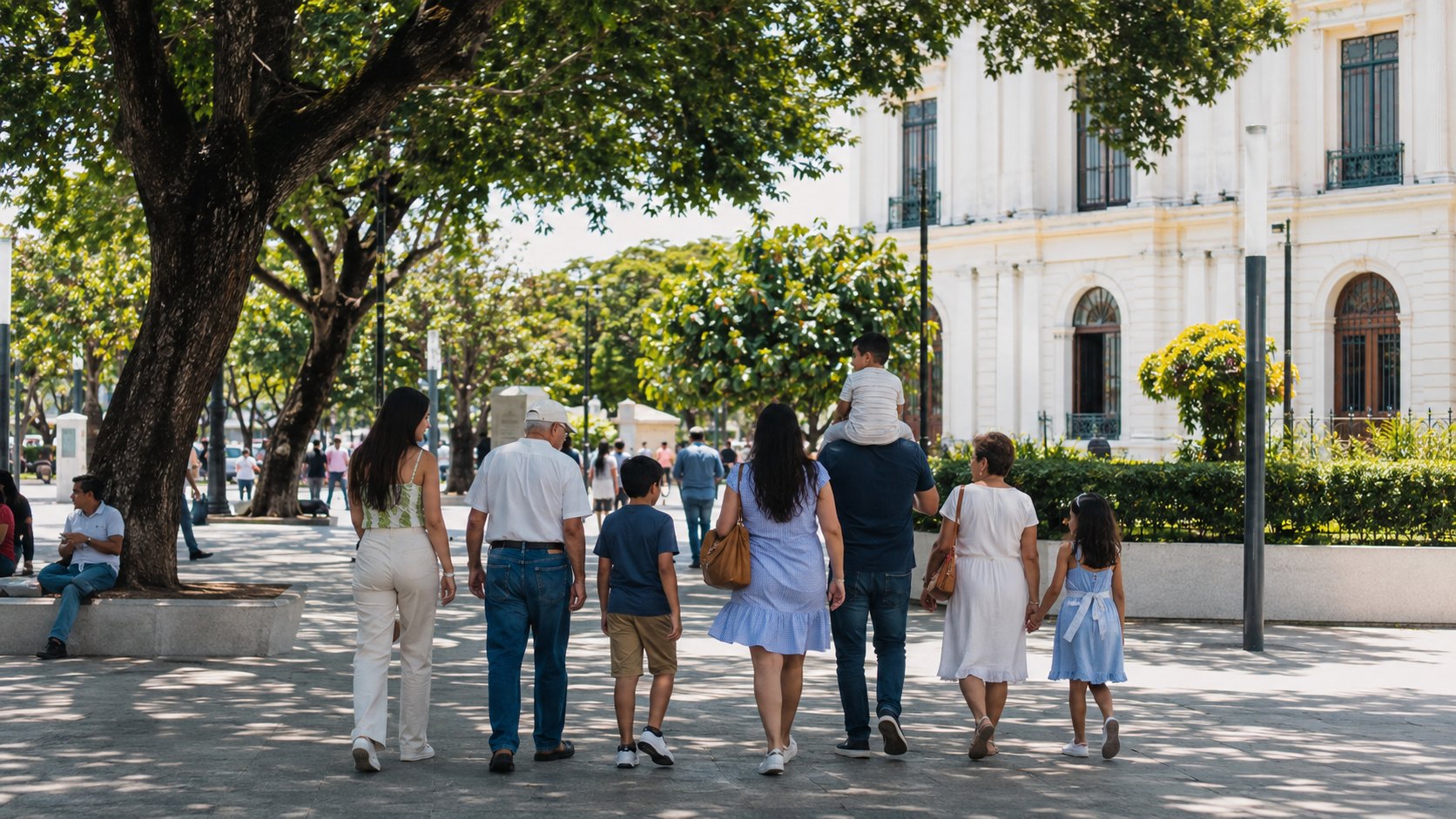 A family walking comfortably through the historic center of Santa Ana, El Salvador