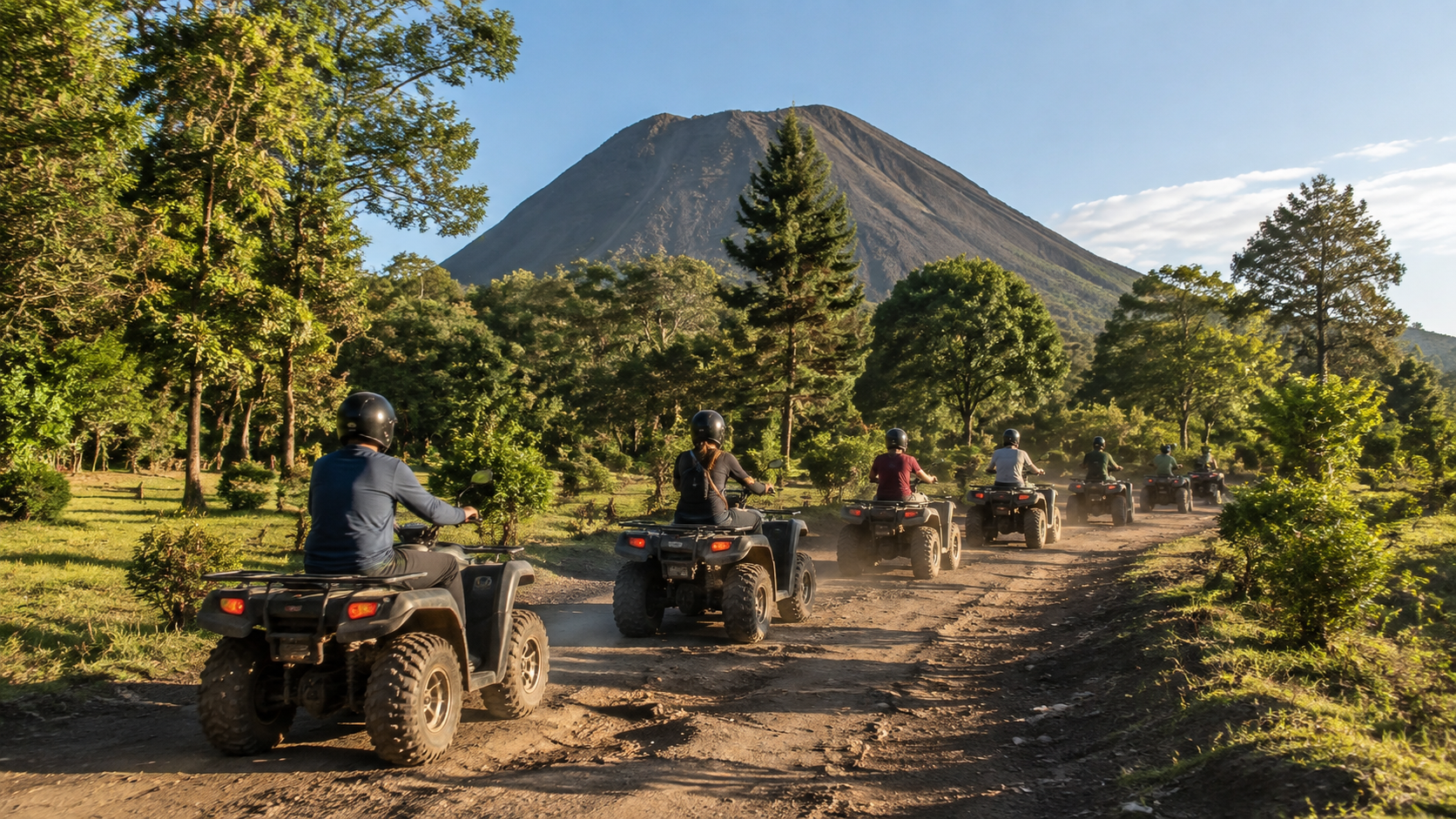 Six friends riding ATVs in single file along a dirt road toward Izalco Volcano on a private off-road adventure in El Salvador