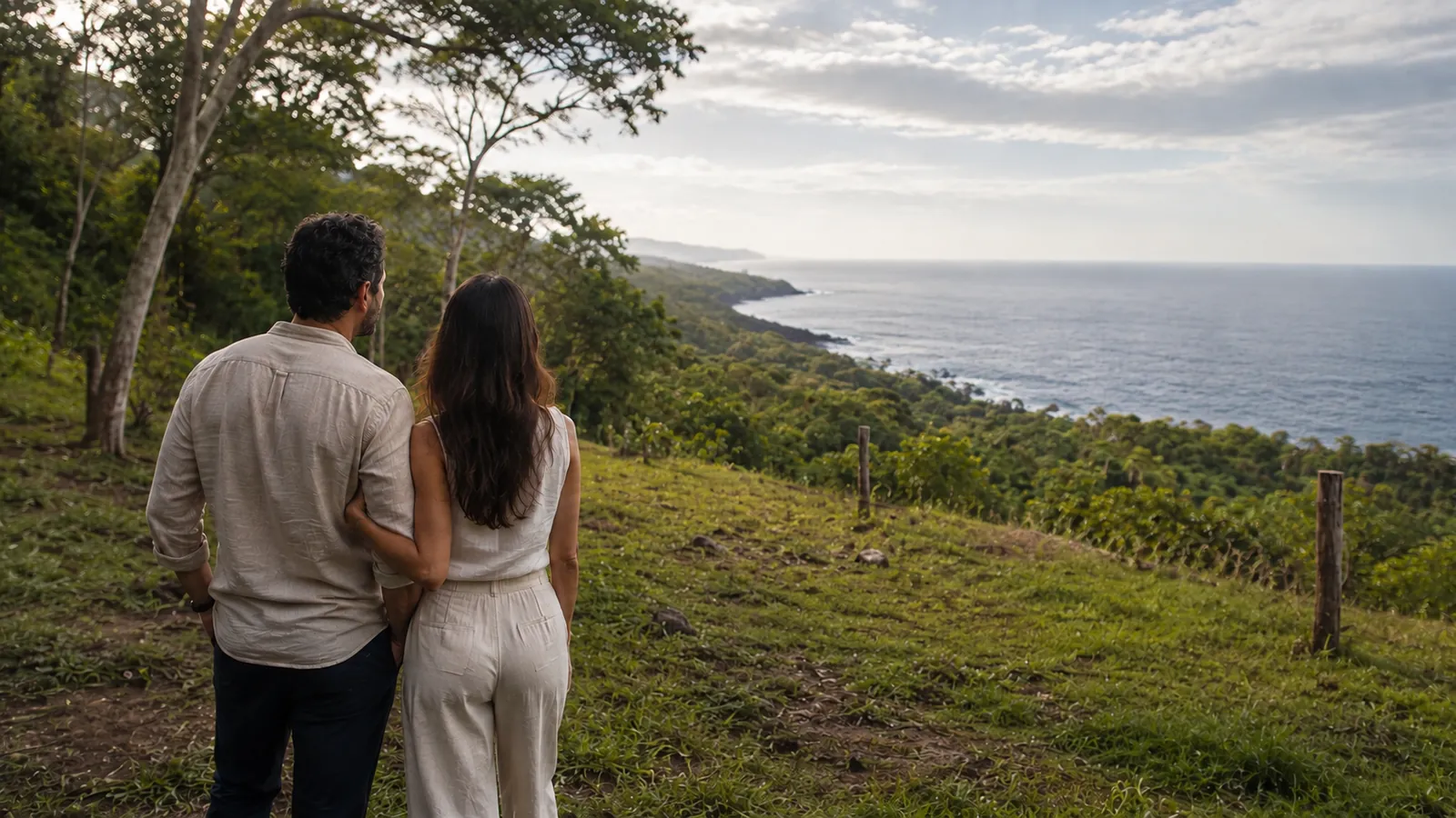 A couple standing together on an undeveloped coastal property, looking toward the Pacific Ocean in El Salvador