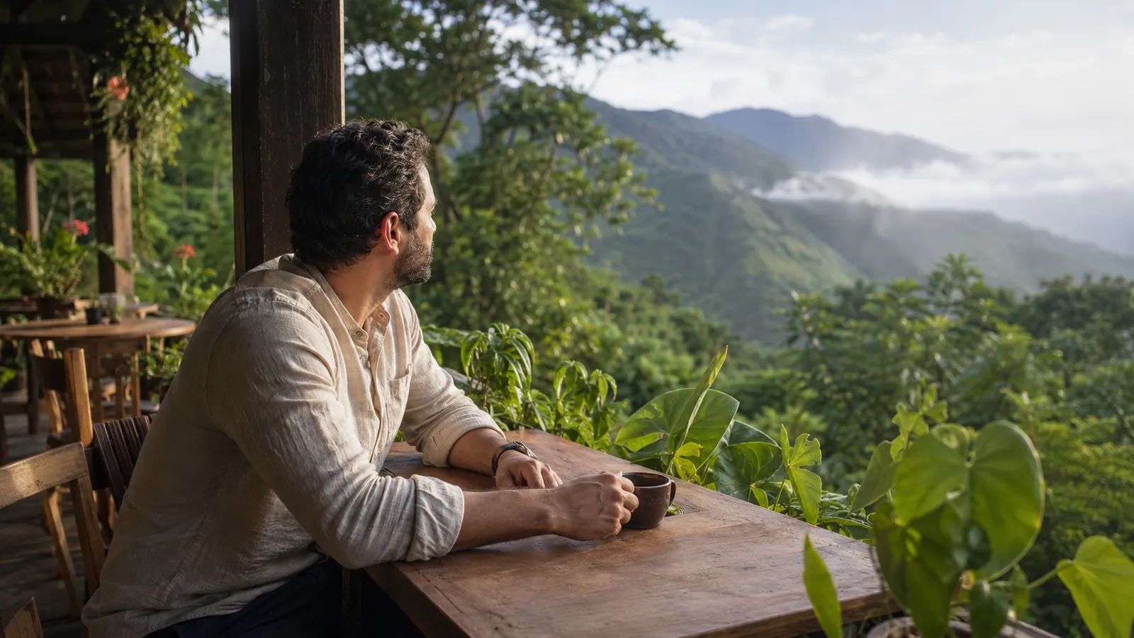 A man sitting alone at a wooden table with a cup of coffee, looking out toward green mountains in El Salvador