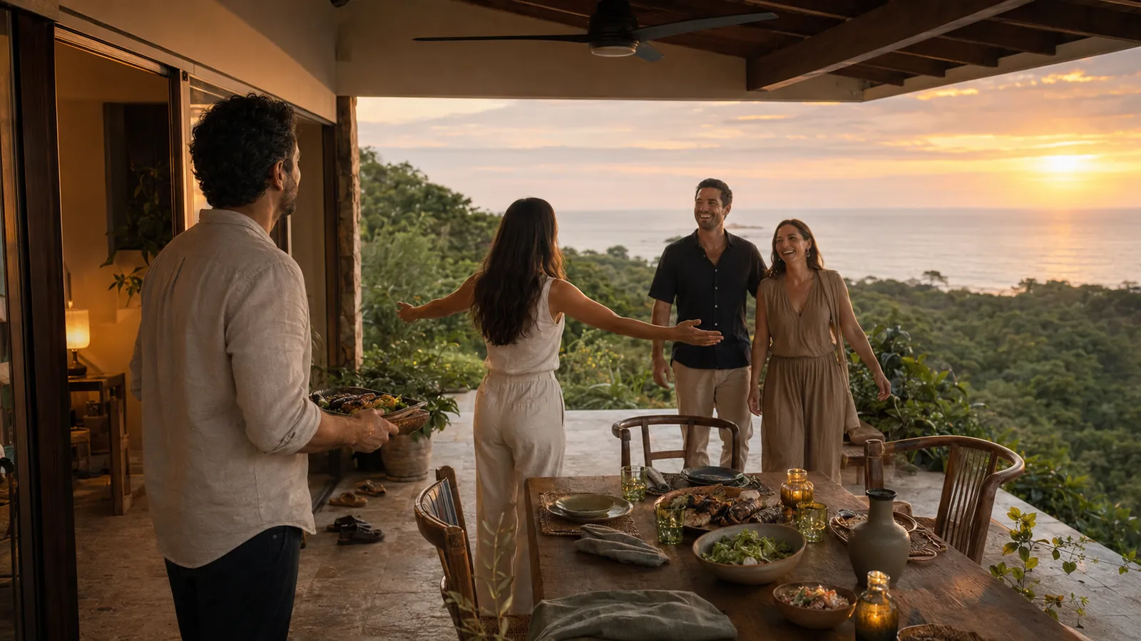 A couple welcoming friends to a dinner table at their ocean-view home in El Salvador at sunset