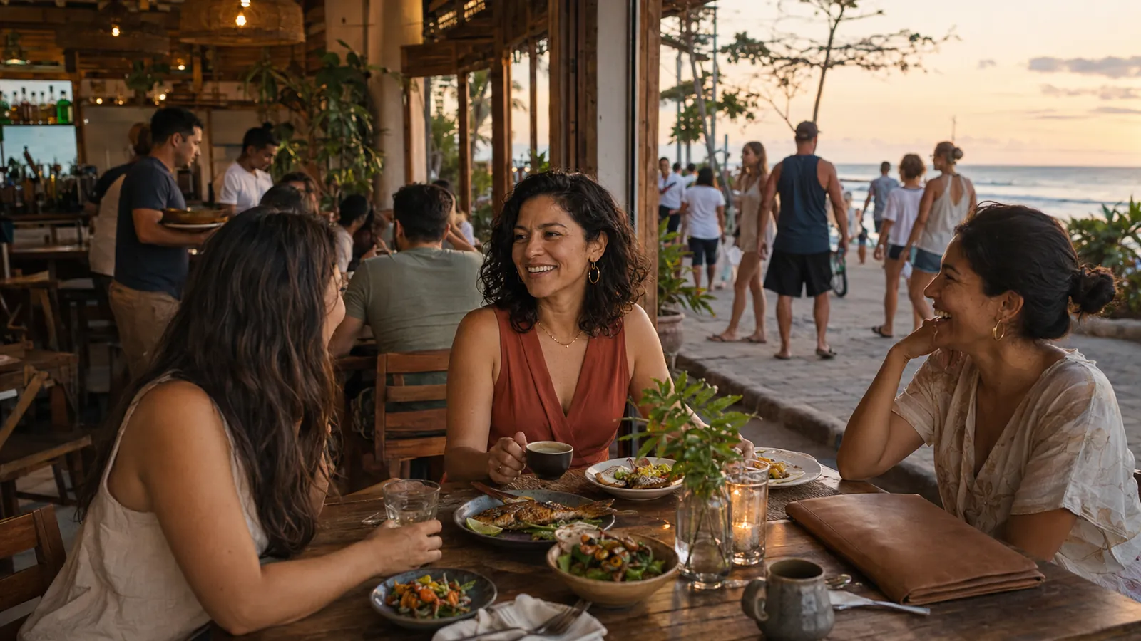 A woman in a rust-coloured dress laughing with friends at a busy beachfront restaurant in El Salvador at sunset