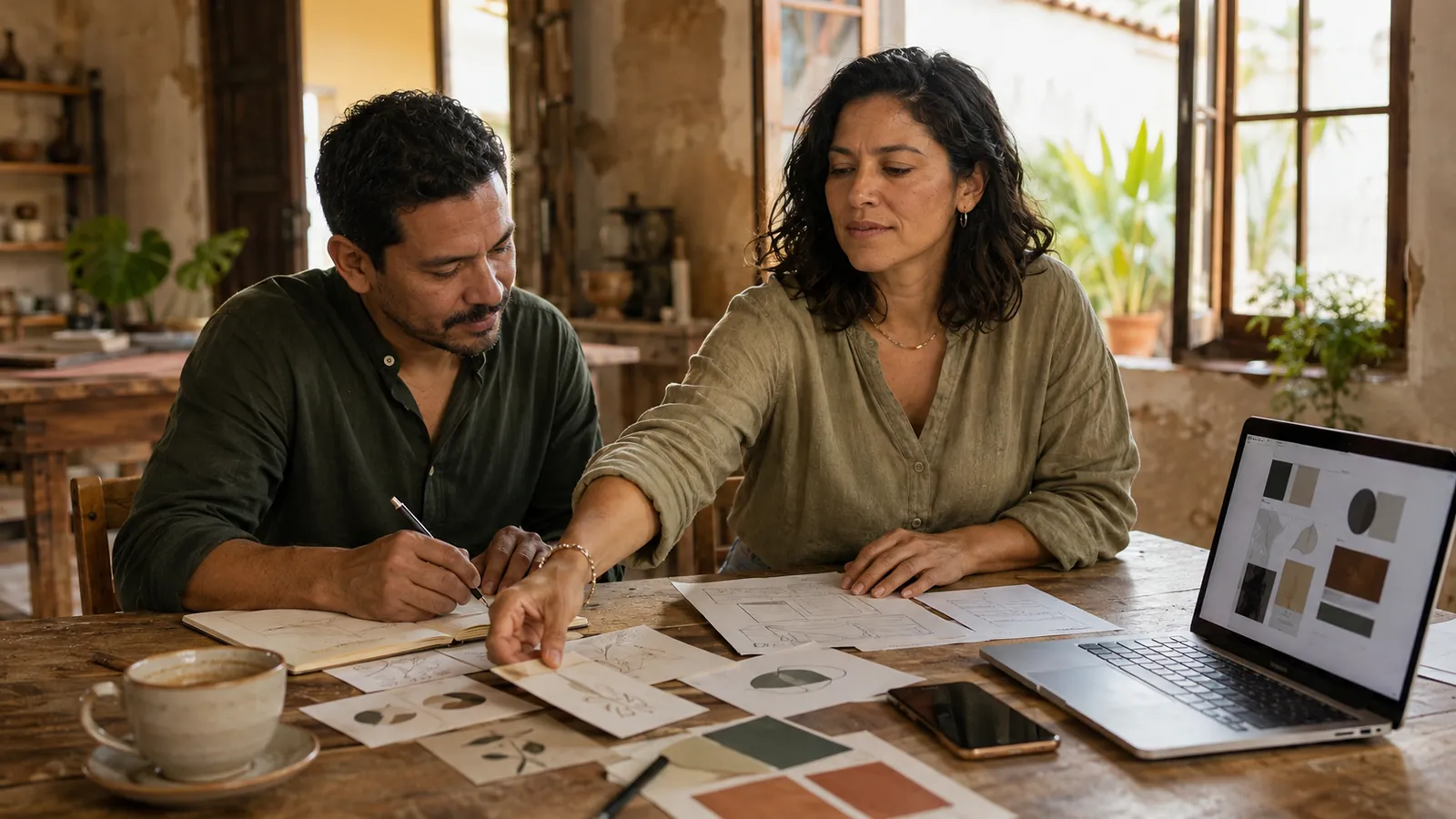 A woman and a man working together at a wooden table covered with brand sketches, colour palettes and a laptop in El Salvador