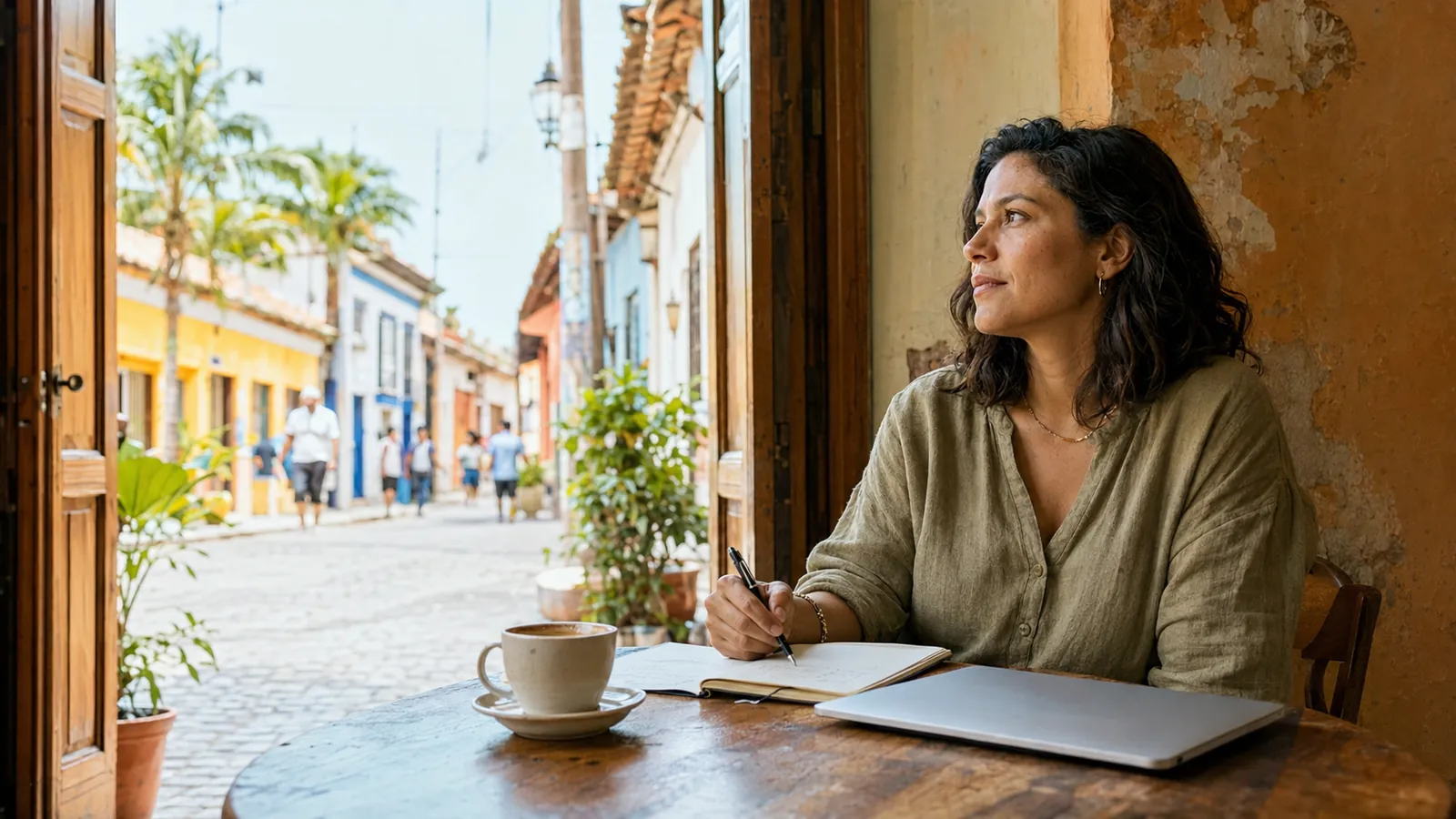 A woman writing in a notebook beside a closed laptop at a cafe table opening onto a colonial street in El Salvador